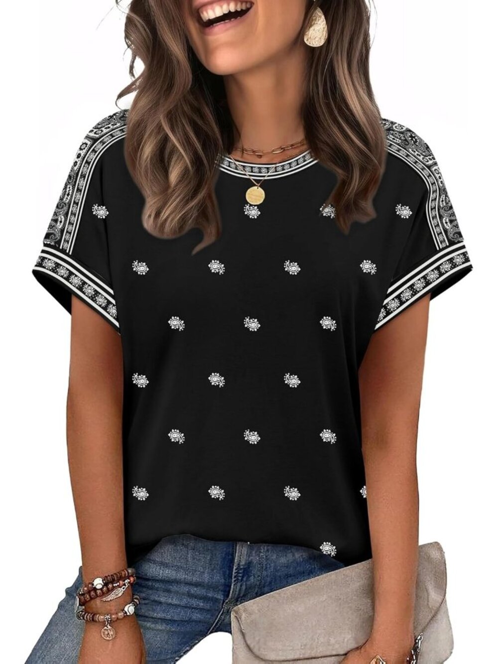 Women's Black Print Summer Outfits Cloth Pull On Top Short Sleeve Casual Shirt
